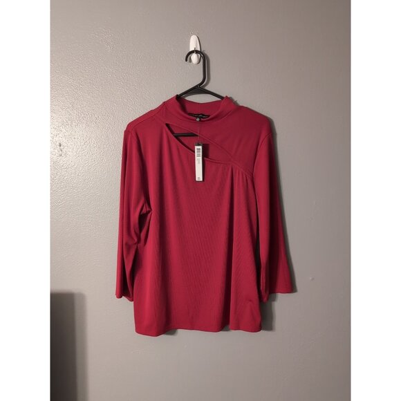 CATHERINE MALANDRINO Women's Size XL Ruby Red CutOut 3/4 Sleeve Mock Neck Blouse - Picture 1 of 8